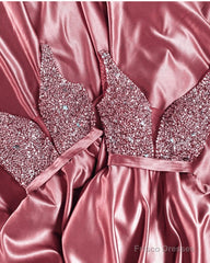 Plunge Neck Beaded Satin Dresses