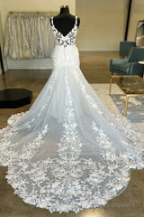 Plunging V Neck Appliques Trumpet Sweeping Wedding Dress