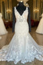 Plunging V Neck Appliques Trumpet Sweeping Wedding Dress