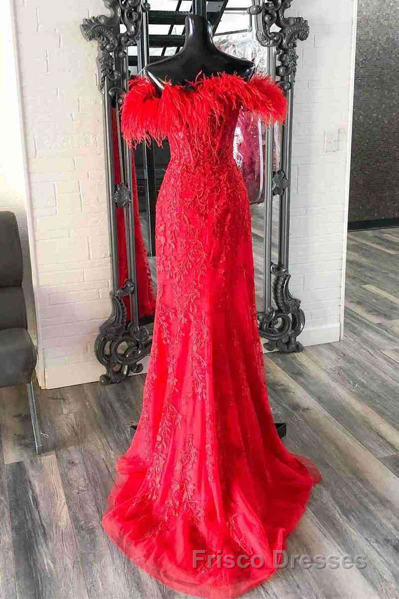 Plunging V-Neck Red Feather Shoulder Long Formal Prom Dress Gala Evening Gown Secondary image