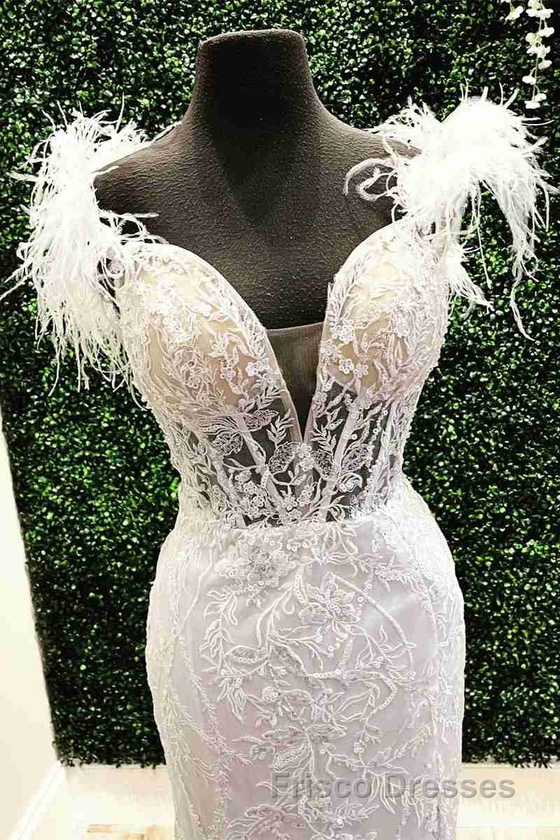 Plunging V-Neck Red Feather Shoulder Long Formal Prom Dress Gala Evening Gown