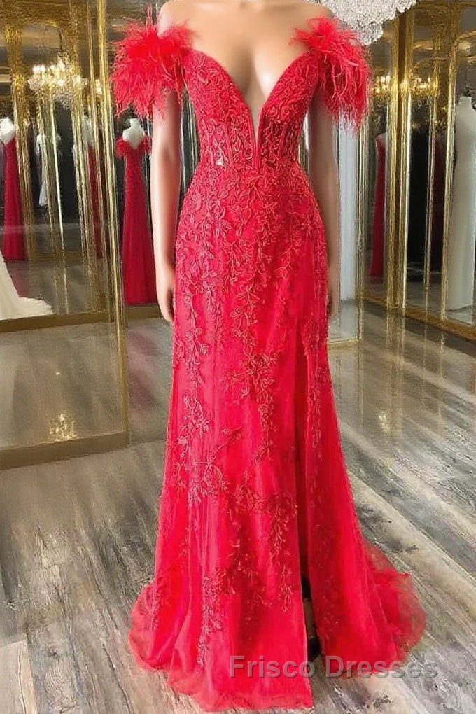 Plunging V-Neck Red Feather Shoulder Long Formal Prom Dress Gala Evening Gown Main image
