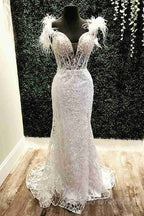 Plunging V-Neck Red Feather Shoulder Long Formal Prom Dress Gala Evening Gown