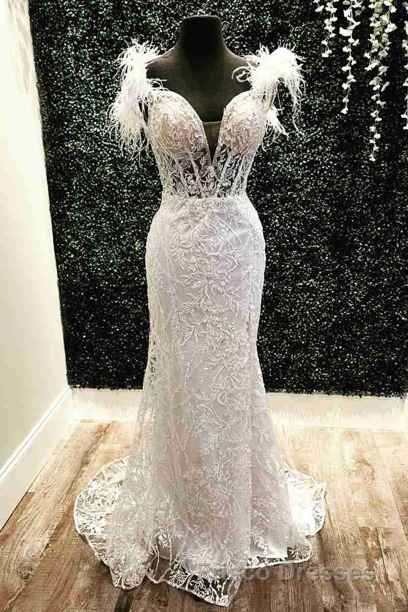 Plunging V-Neck Red Feather Shoulder Long Formal Prom Dress Gala Evening Gown