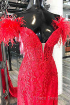 Plunging V-Neck Red Feather Shoulder Long Formal Prom Dress Gala Evening Gown