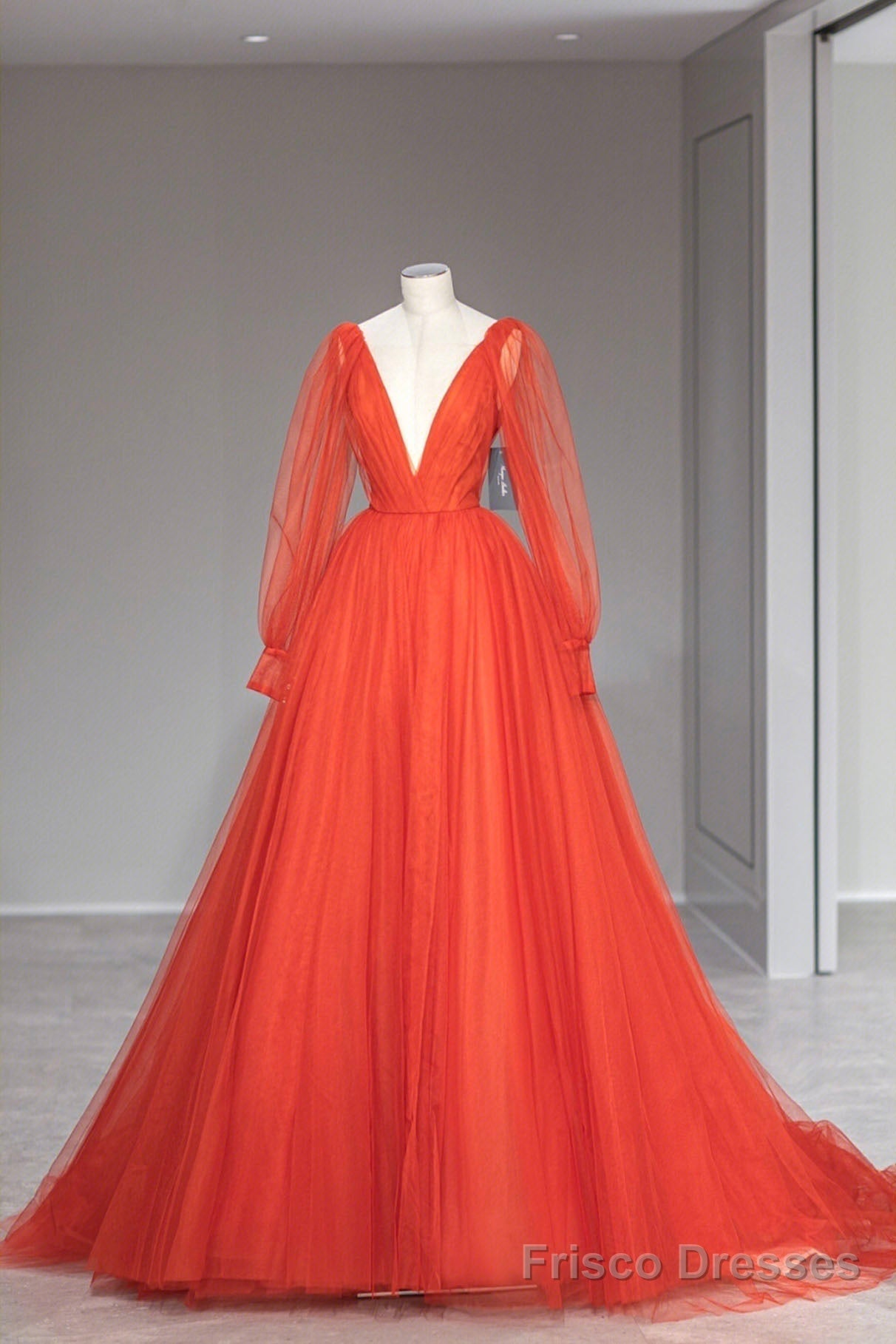 Plunging V-Neck Tulle Floor Length Formal Dress, Orange Long Sleeve Prom Dress Main image