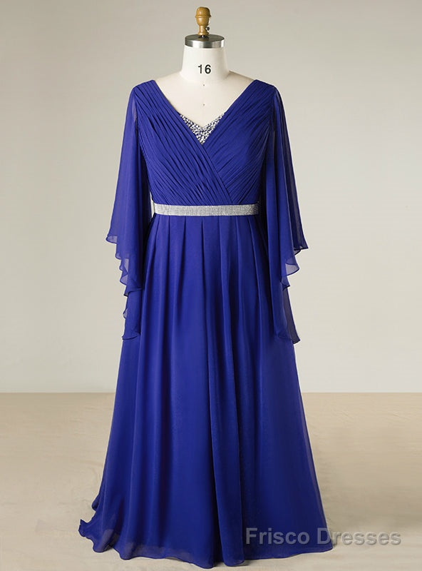 Plus Size Blue V-neck Chiffon Floor Length With Beading Prom Dress Main image