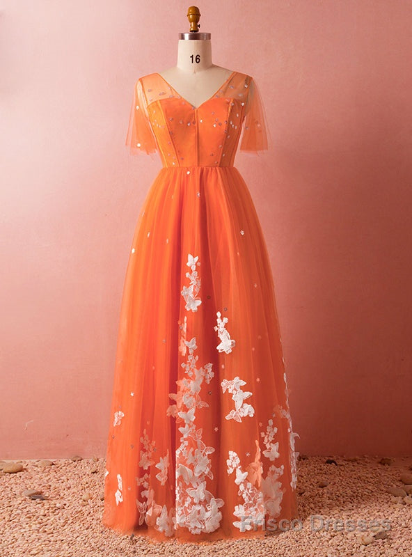 Plus Size Orange V-neck Tulle Short Sleeve Backless Prom Dress Main image