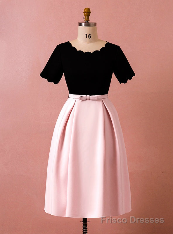 Plus Size Pink Black Satin Short Sleeve With Bow Short Prom Dress Main image