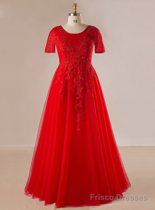 Plus Size Red Tulle Appliques Beading Short Sleeve Prom Dress Main image