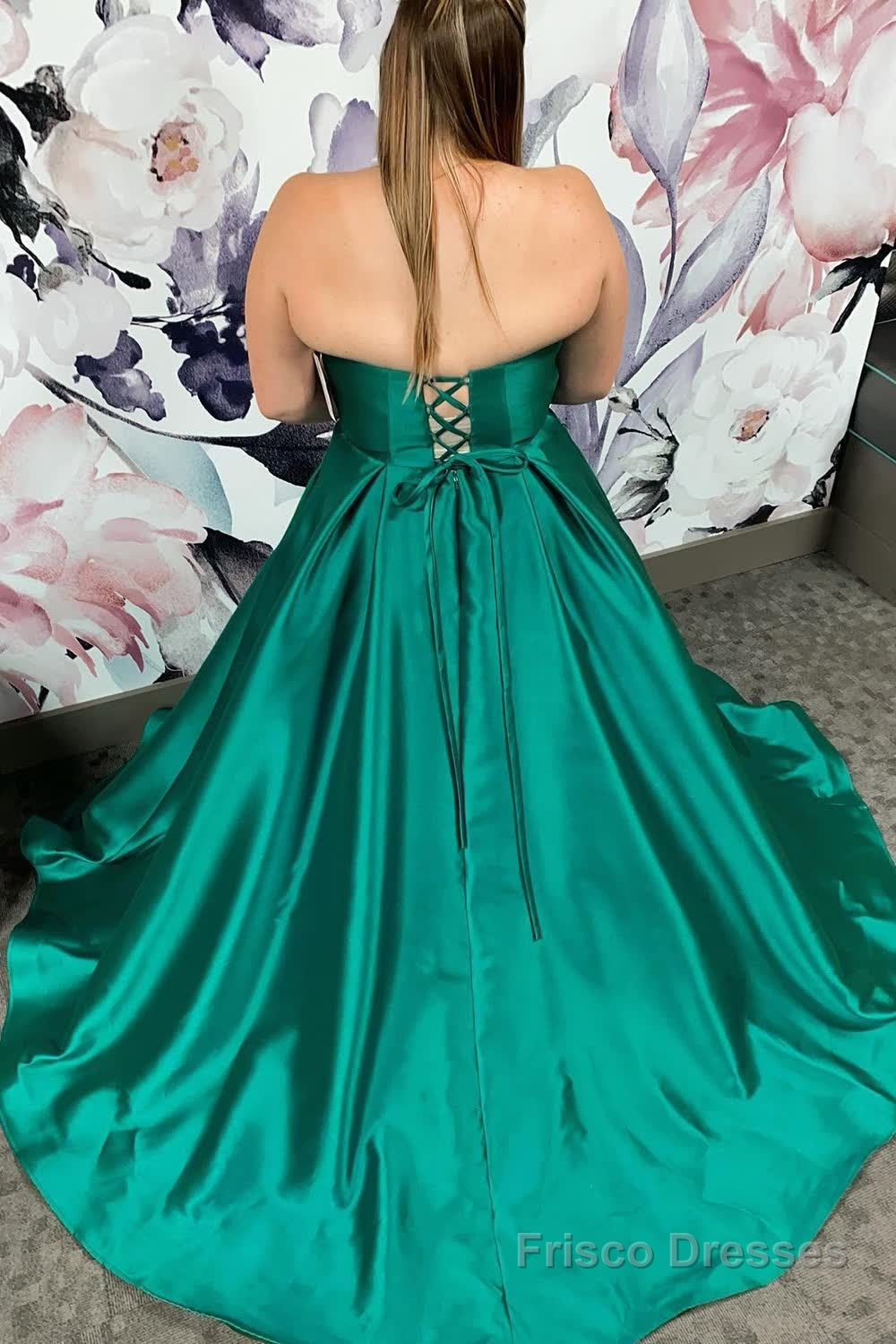 Plus Size Satin Green Long Prom Dress with Pockets
