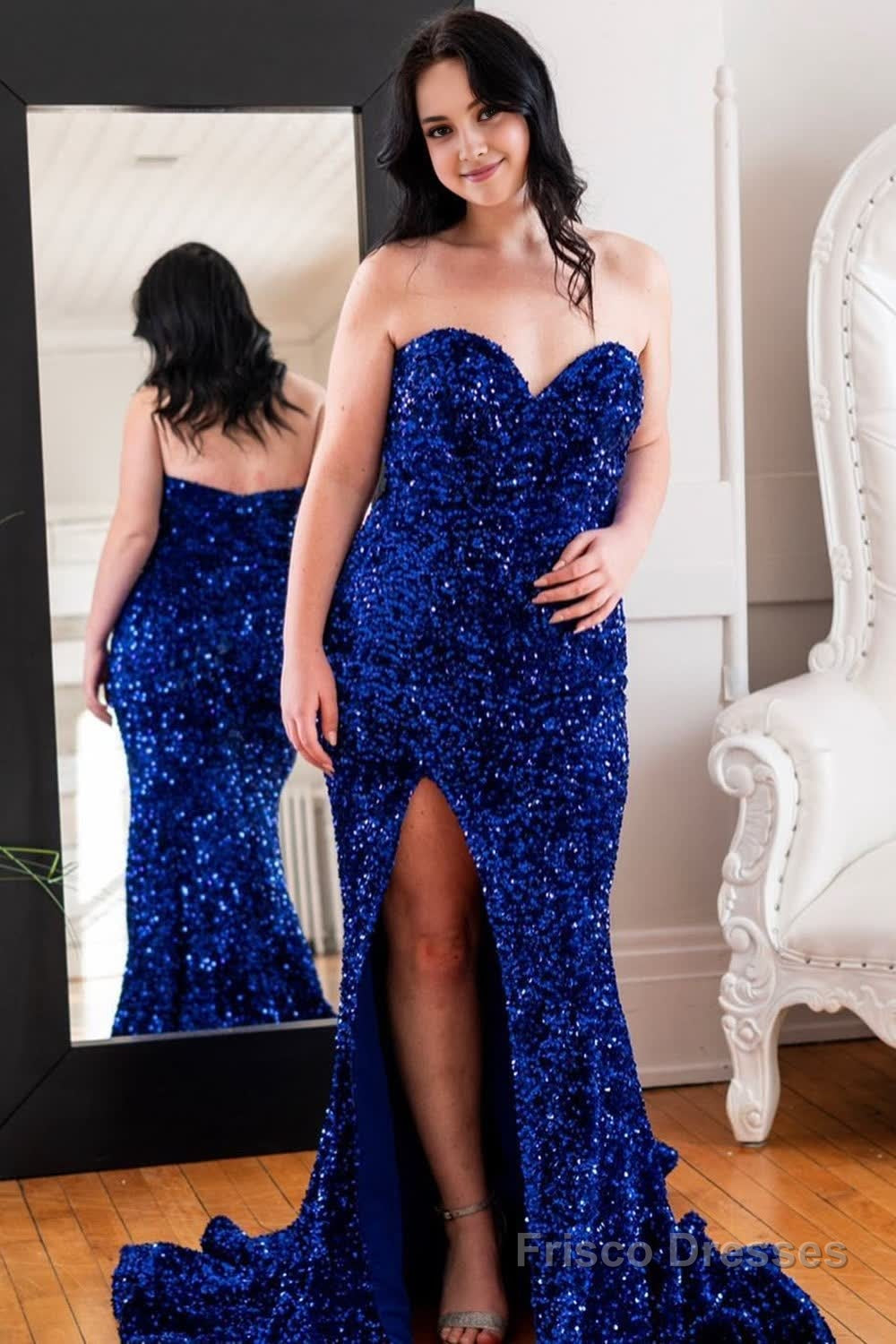 Plus Size Sparkly Mermaid Royal Blue Sequins Long Prom Dress with Slit Main image