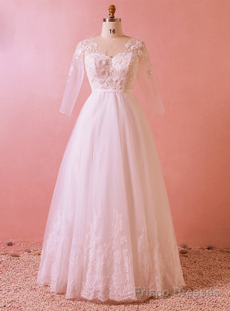 Plus Size White Tulle Half Sleeve V-neck Backless Wedding Dress Main image