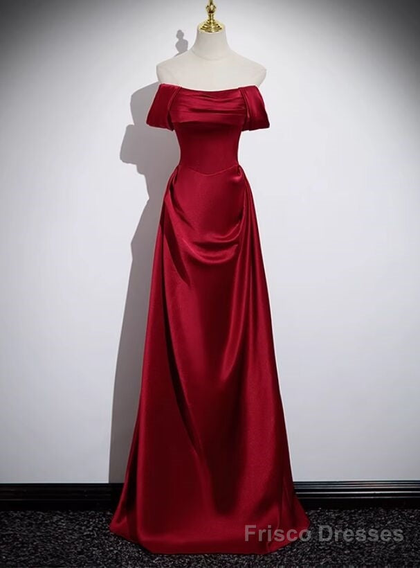 Popular Burgundy Satin Off the Shoulder Pleats Prom Dress Main image