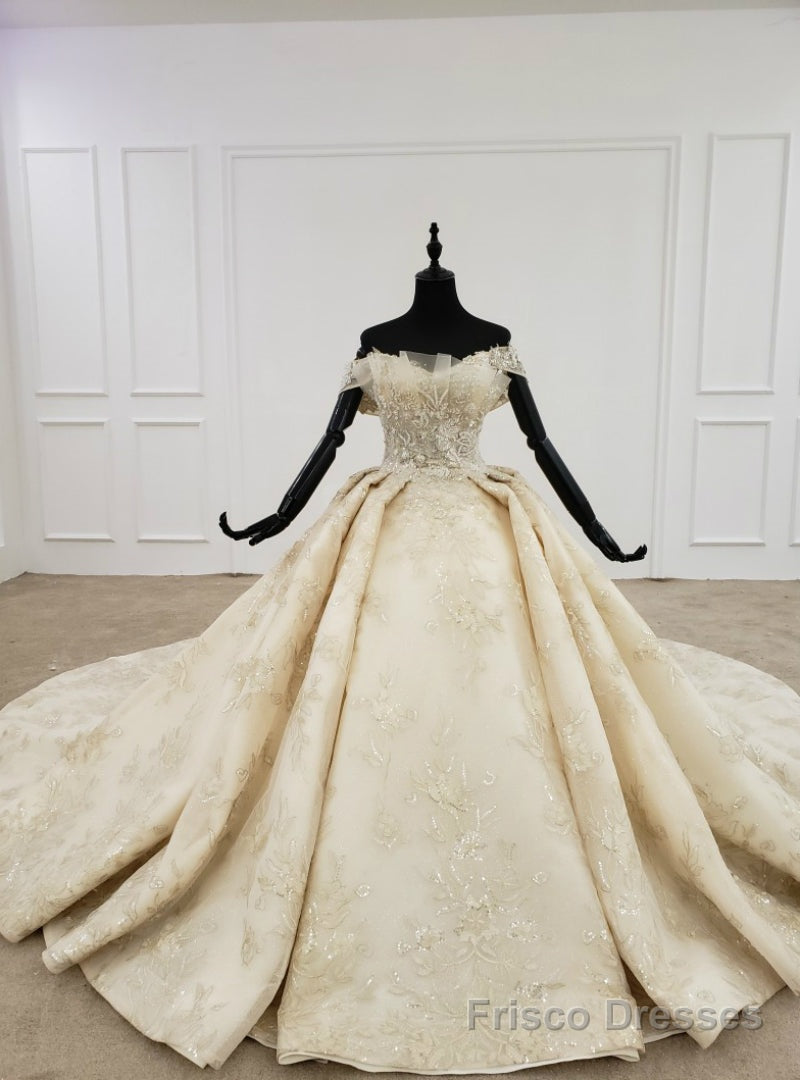 Popular Champagne Ball Gown Tulle Sequins Appliques Off the Shoulder Wedding Dress Main image