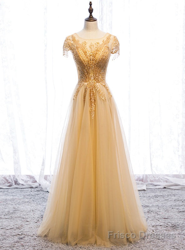 Popular Gold Tulle Cap Sleeve Scoop Beading Prom Dress