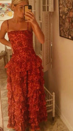 Popular Spaghetti Straps Floor Length Prom Dress New Fashion Tiered Evening Dress