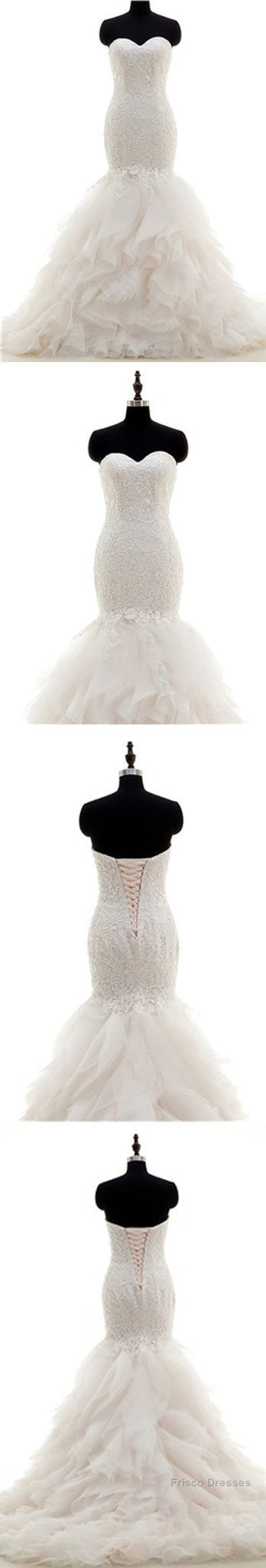 Popular Sweetheart Strapless Lace Up Mermaid White Lace Chiffon Bubble Skirt Wedding Dresses, Secondary image