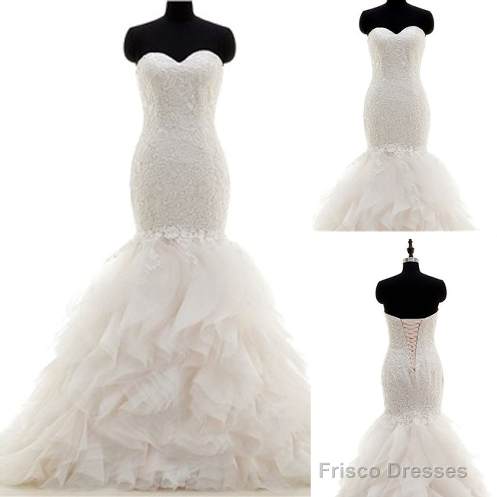 Popular Sweetheart Strapless Lace Up Mermaid White Lace Chiffon Bubble Skirt Wedding Dresses, Main image