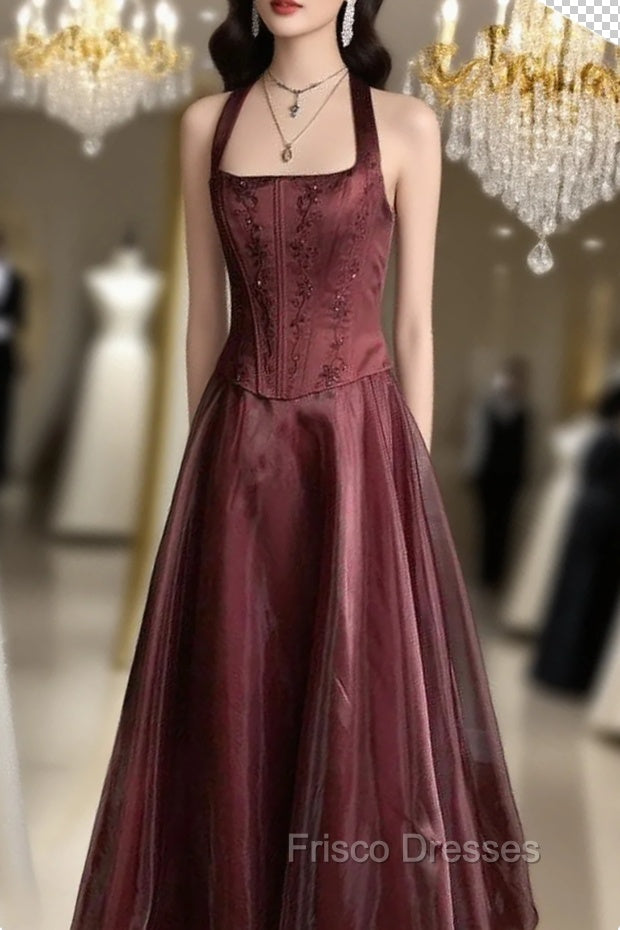 Pretty A Line Halter Burgundy Sleeveless Evening Dress Organza Long Formal Prom Dress Main image
