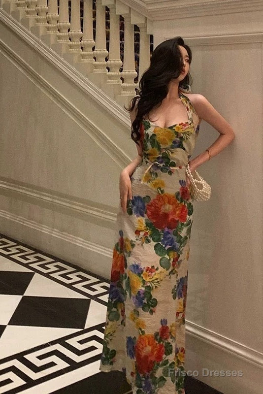 Pretty A Line Halter Floral Long Prom Dresses Birthday Outfits Evening Gown Secondary image