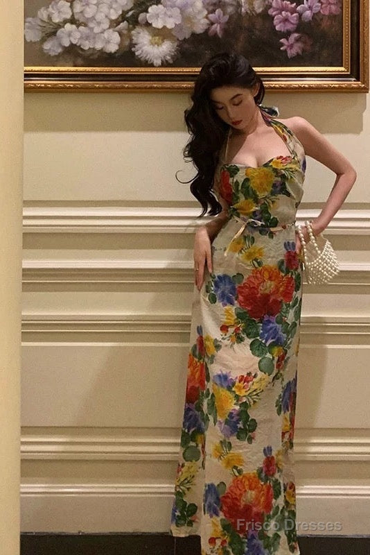 Pretty A Line Halter Floral Long Prom Dresses Birthday Outfits Evening Gown