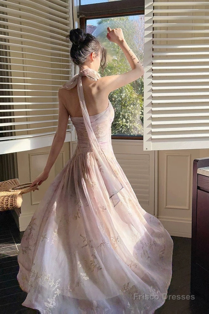 Pretty A Line Halter Pink Chiffon Floral Ankle Length Evening Dress Prom Dresses