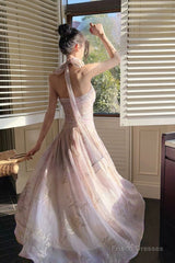 Pretty A Line Halter Pink Chiffon Floral Ankle Length Evening Dress Prom Dresses