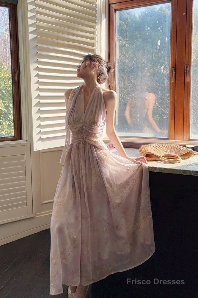 Pretty A Line Halter Pink Chiffon Floral Ankle Length Evening Dress Prom Dresses Main image