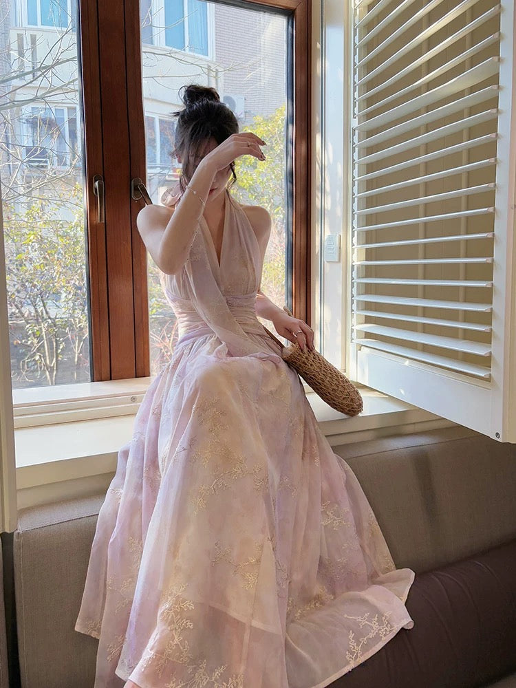Pretty A Line Halter Pink Chiffon Floral Ankle Length Evening Dress Prom Dresses Main image