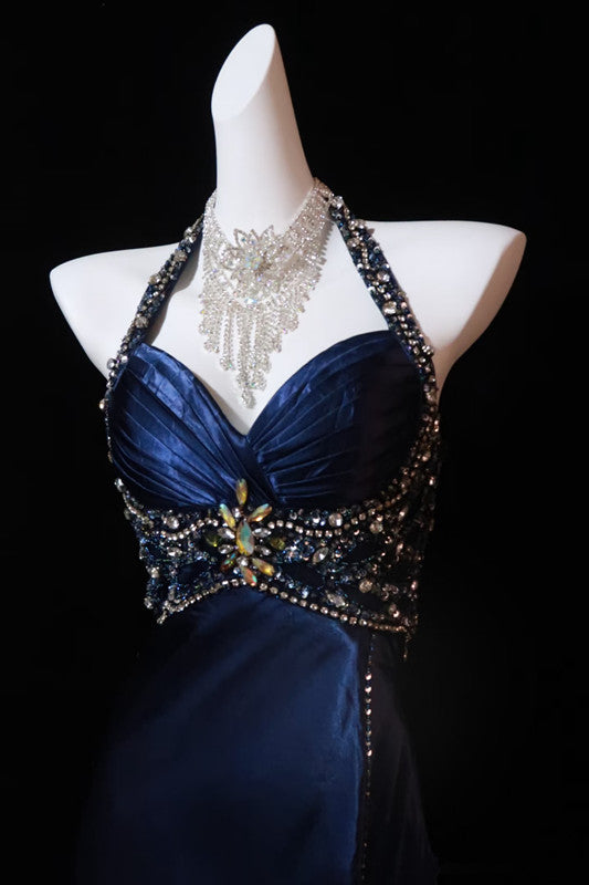 Pretty A Line Halter Sleeveless Navy Blue Slit Beads Long Prom Dress Evening Dresses Secondary image
