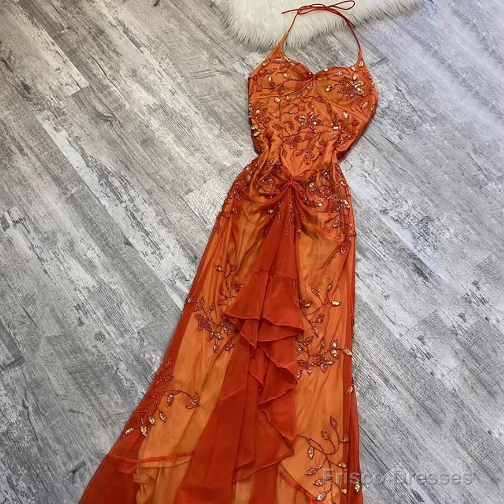 Pretty A Line Halter Tulle Long Prom Dresses Formal Evening Dresses