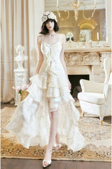 Pretty A Line High Low Ruffles Long Evening Dress Lace White Prom Dresses