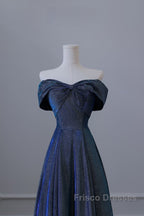 Pretty A Line Off The Shoulder Blue Sequin Long Formal Prom Dress Evening Gowns