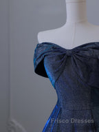 Pretty A Line Off The Shoulder Blue Sequin Long Formal Prom Dress Evening Gowns