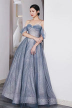 Pretty A Line Off The Shoulder Blue Sequin Tulle Long Length Formal Dress Formal Prom Dress