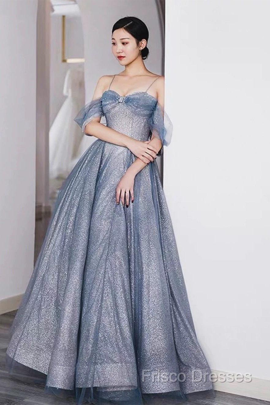 Pretty A Line Off The Shoulder Blue Sequin Tulle Long Length Formal Dress Formal Prom Dress