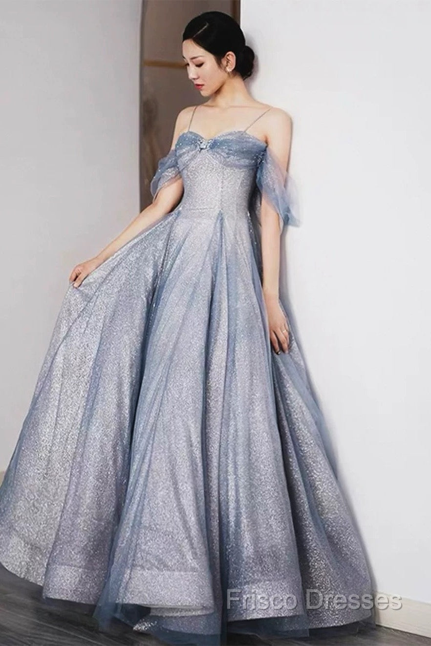 Pretty A Line Off The Shoulder Blue Sequin Tulle Long Length Formal Dress Formal Prom Dress