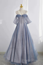 Pretty A Line Off The Shoulder Blue Sequin Tulle Long Length Formal Dress Formal Prom Dress