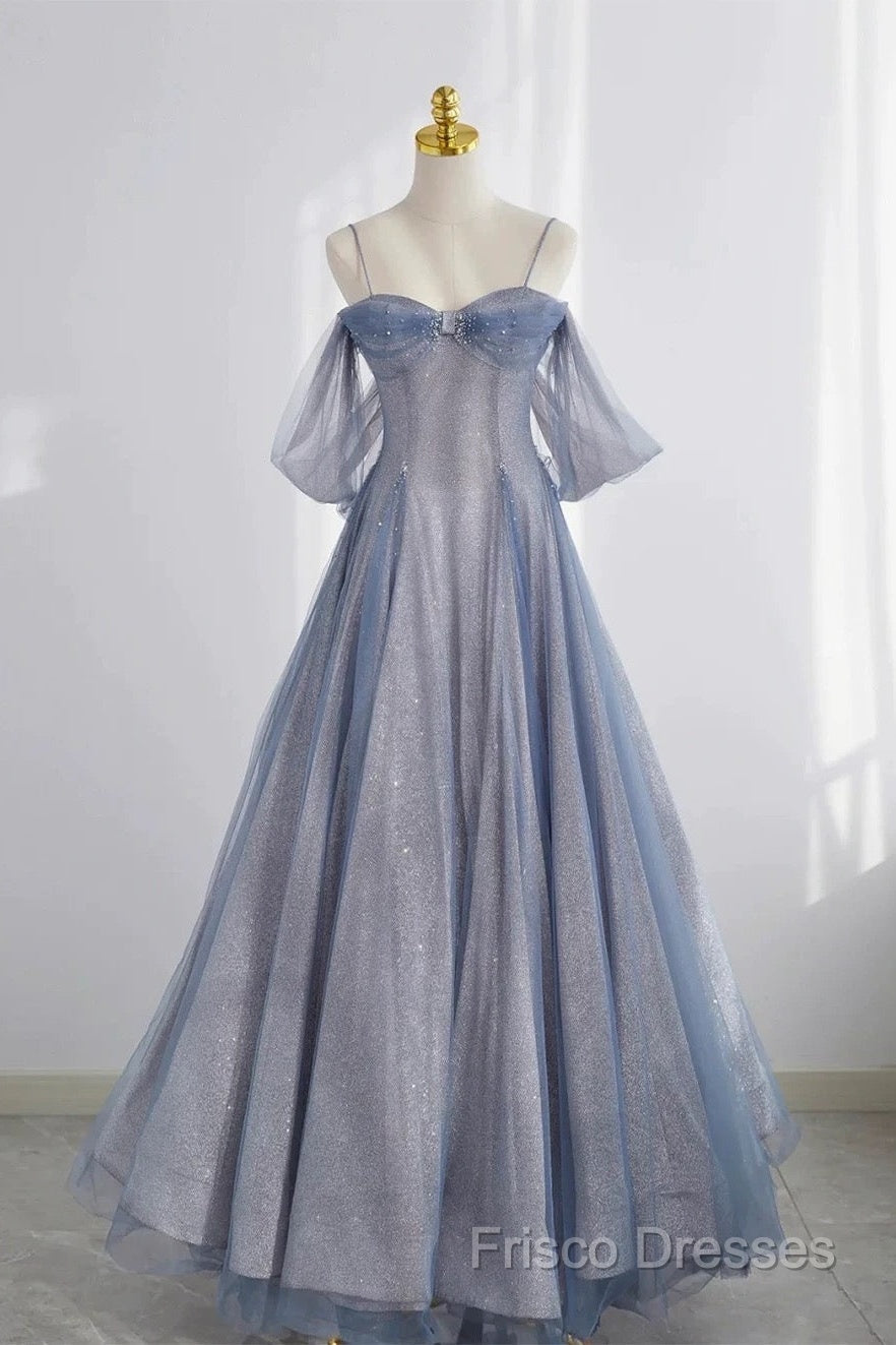 Pretty A Line Off The Shoulder Blue Sequin Tulle Long Length Formal Dress Formal Prom Dress