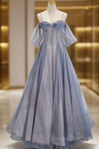 Pretty A Line Off The Shoulder Blue Sequin Tulle Long Length Formal Dress Formal Prom Dress
