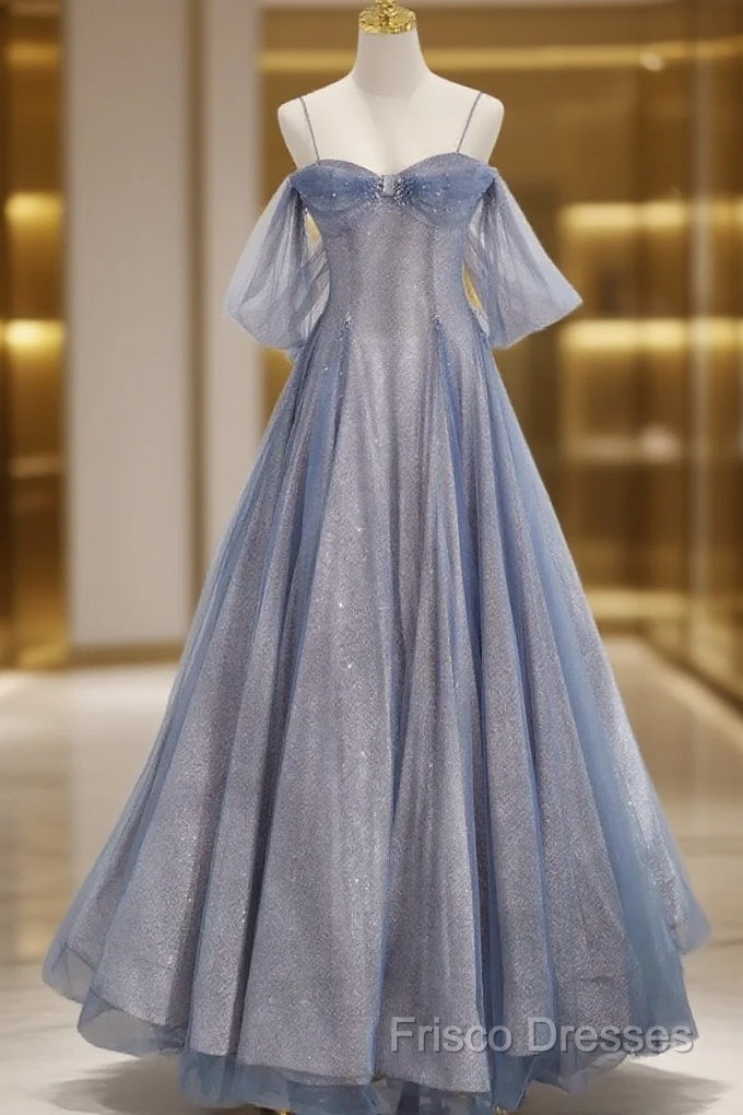 Pretty A Line Off The Shoulder Blue Sequin Tulle Long Length Formal Dress Formal Prom Dress
