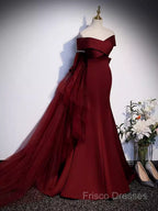 Pretty A Line Off The Shoulder Burgundy Satin Long Formal Party Dress Formal Prom Dress With Bow