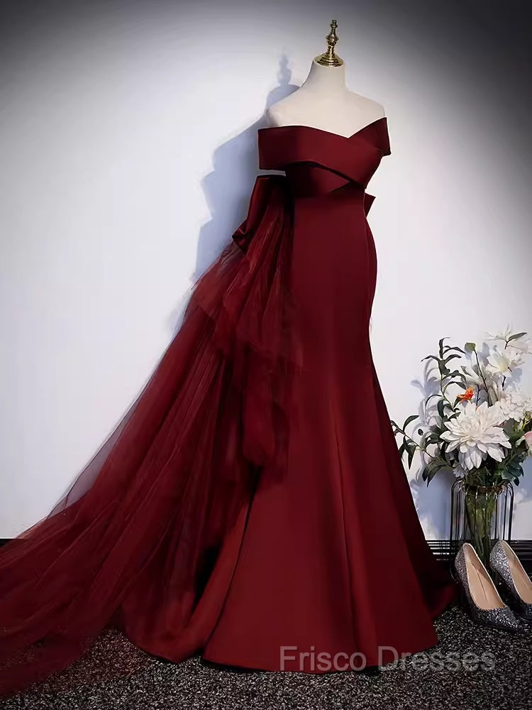 Pretty A Line Off The Shoulder Burgundy Satin Long Formal Party Dress Formal Prom Dress With Bow