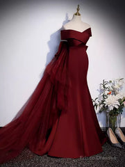 Pretty A Line Off The Shoulder Burgundy Satin Long Evening Party Dress Prom Dresses With Bow
