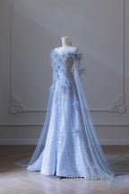 Pretty A Line Off The Shoulder Floor-Length Blue Sequin Short Sleeves Evening Dress Formal Prom Dress