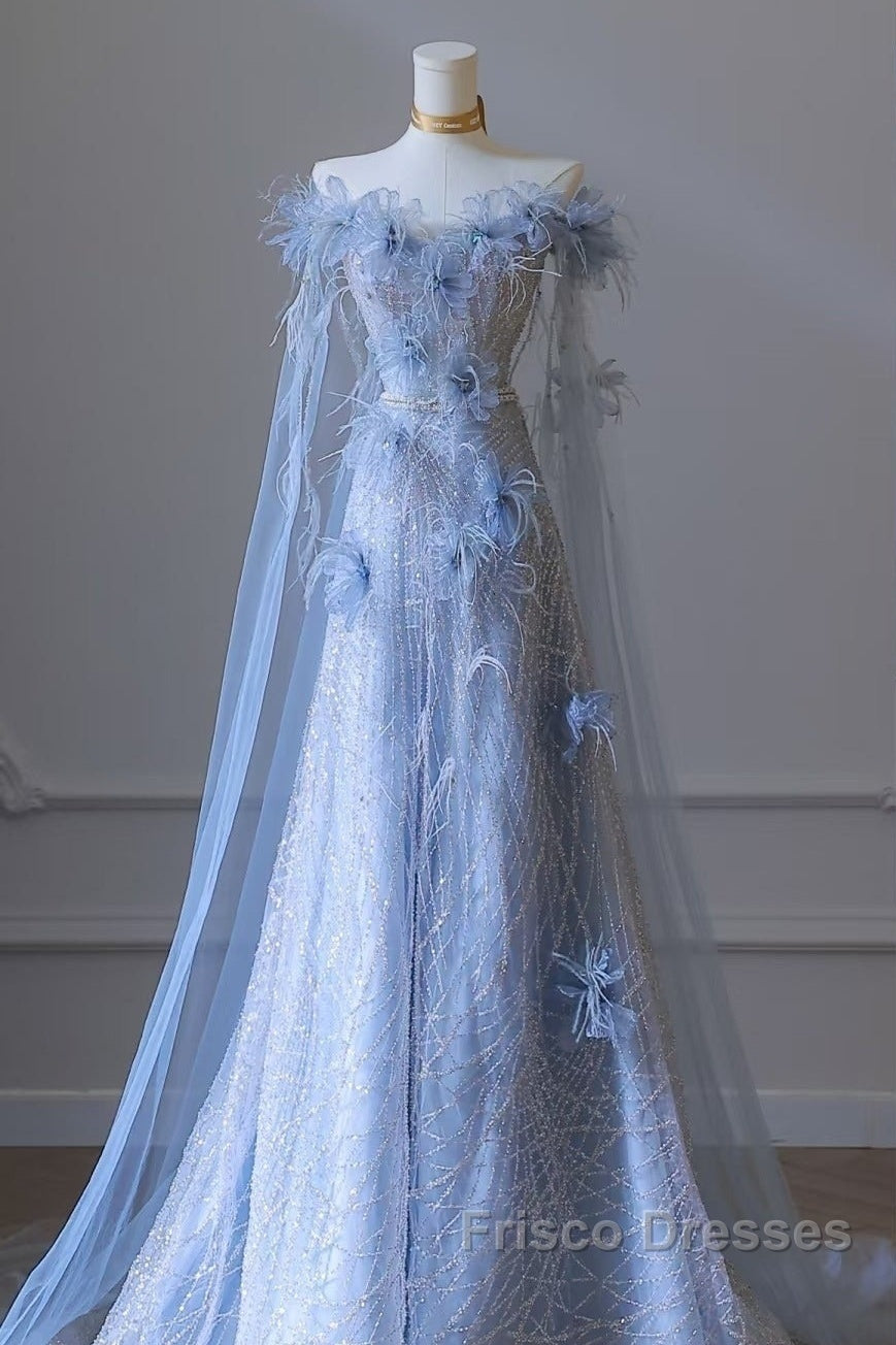 Pretty A Line Off The Shoulder Floor-Length Blue Sequin Short Sleeves Evening Dress Formal Prom Dress