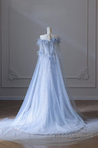 Pretty A Line Off The Shoulder Floor-Length Blue Sequin Short Sleeves Evening Dress Formal Prom Dress