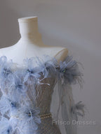 Pretty A Line Off The Shoulder Floor-Length Blue Sequin Short Sleeves Evening Dress Formal Prom Dress