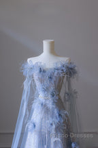 Pretty A Line Off The Shoulder Floor-Length Blue Sequin Short Sleeves Evening Dress Formal Prom Dress